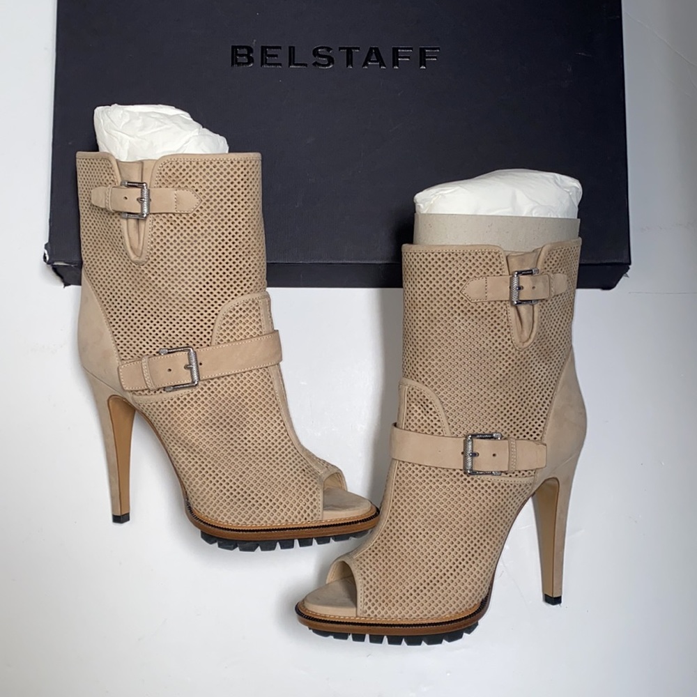 Belstaff Suede Boots Peep Toe Buckle Stiletto Heeled Booties Nude / Beige Color